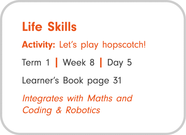 Life Skills Activity: Let’s play hopscotch! Term 1 | Week 8 | Day 5 Learner’s Book page 31 Integrates with Maths and ...