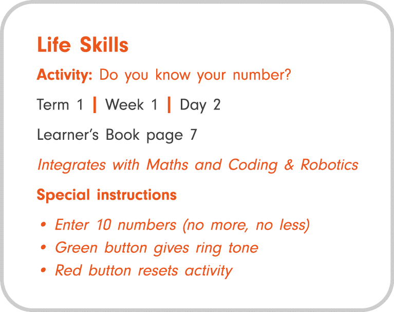 Life Skills Activity: Do you know your number? Term 1 | Week 1 | Day 2 Learner’s Book page 7 Integrates with Maths an...