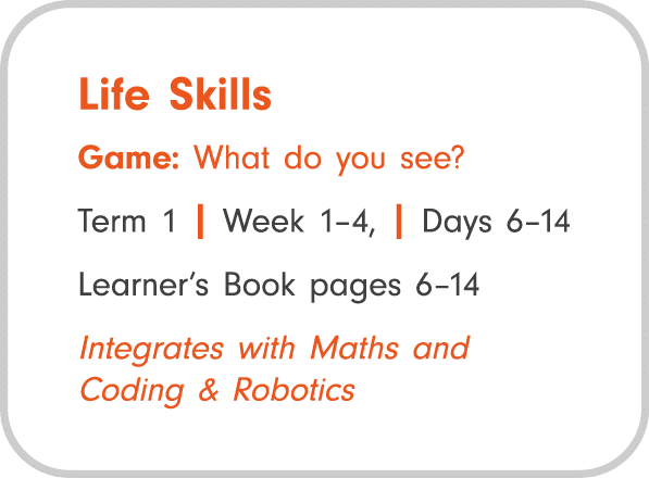 Life Skills Game: What do you see? Term 1 | Week 1–4, | Days 6–14 Learner’s Book pages 6–14 Integrates with Maths and...