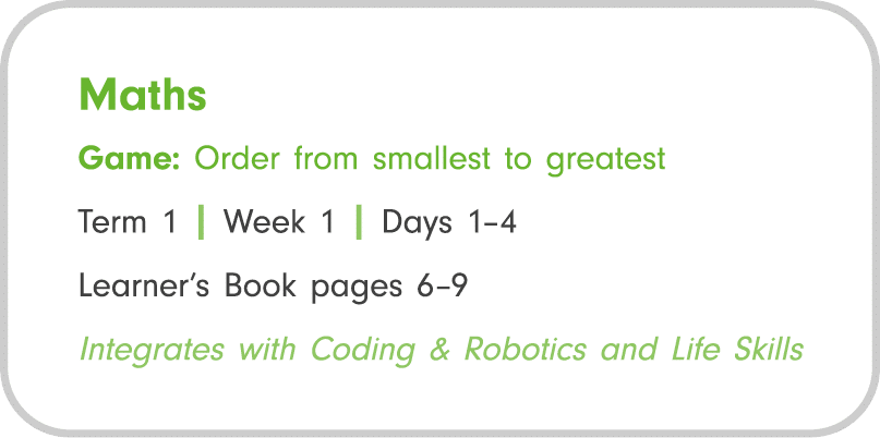 Maths Game: Order from smallest to greatest Term 1 | Week 1 | Days 1–4 Learner’s Book pages 6–9 Integrates with Codin...