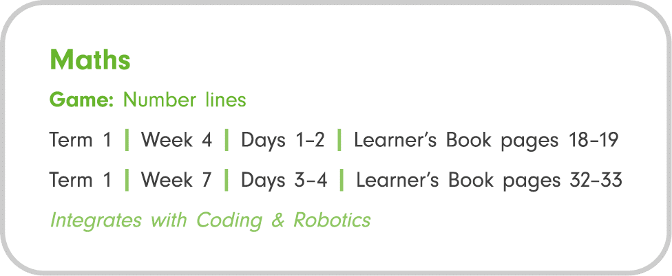 Maths Game: Number lines Term 1 | Week 4 | Days 1–2 | Learner’s Book pages 18–19 Term 1 | Week 7 | Days 3–4 | Learner...
