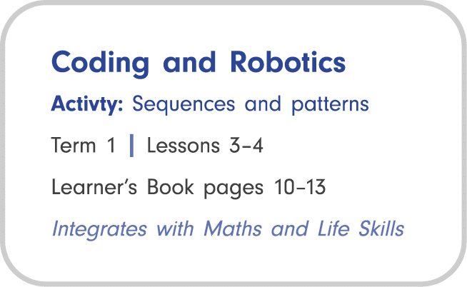 Coding and Robotics Activty: Sequences and patterns Term 1 | Lessons 3–4 Learner’s Book pages 10–13 Integrates with M...