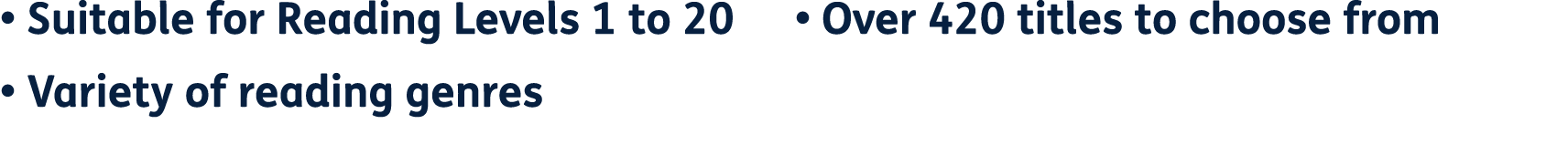 • Suitable for Reading Levels 1 to 20 • Variety of reading genres • Over 420 titles to choose from